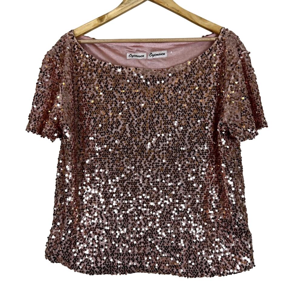 Oyemwen Sequin Blouse Womens L Pink Boxy Maximalist Disco Festival Coquette